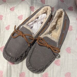 UGG Gray Moccasin Slippers with Tan Laces